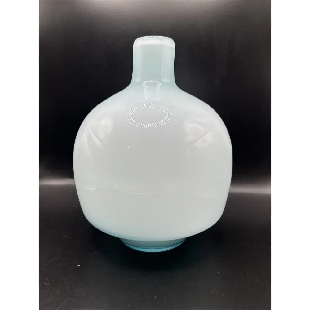 Murano Glass Large 7.5 Inch Vintage Vase 1970s Blue Glass With Cased White